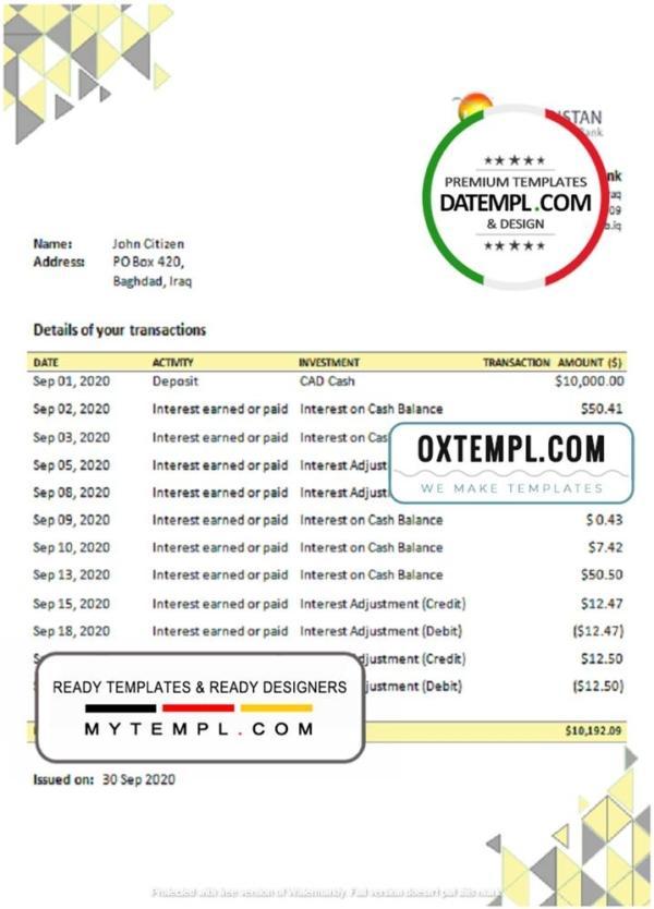 editable template, Iraq Kurdistan International Bank proof of address statement template in Word and PDF format
