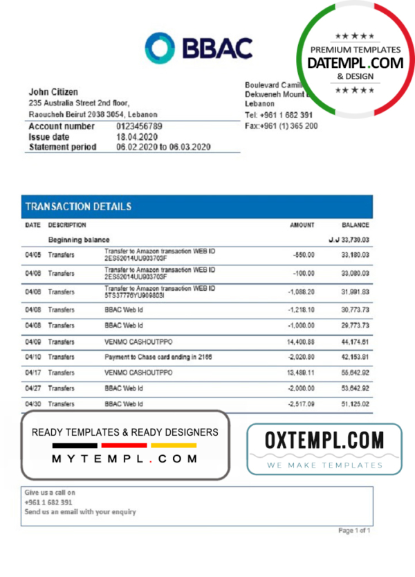 editable template, Lebanon BBAC Bank proof of address statement template in Word and PDF format