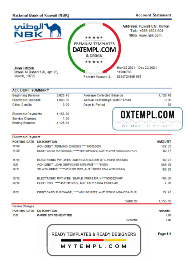 editable template, Kuwait National Bank of Kuwait (NBK) Bank statement easy to fill template in Excel and PDF format