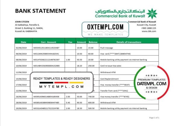 editable template, Kuwait Commercial Bank statement easy to fill template in Word and PDF format