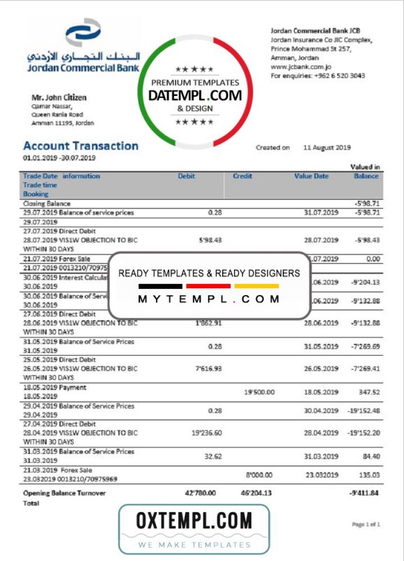 editable template, Jordan Commercial Bank statement easy to fill template in Word and PDF format