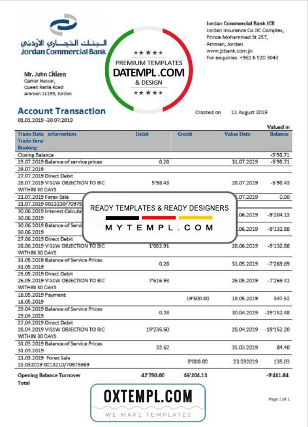editable template, Jordan Commercial Bank statement easy to fill template in Word and PDF format