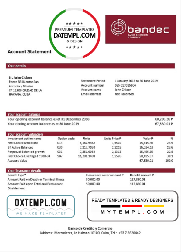 editable template, Cuba Bandec Banco de Credito y Comercio bank statement template in Word and PDF format, good for address prove