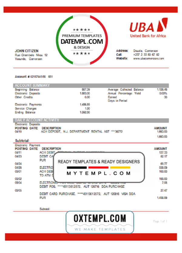 editable template, Cameroon UBA bank statement template in Word and PDF format
