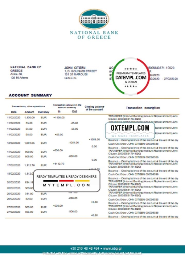 editable template, Greece National Bank of Greece proof of address bank statement template in Word and PDF format, .doc and .pdf format