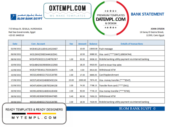 editable template, Egypt Blom Bank of Egypt bank statement easy to fill template in Excel and PDF format