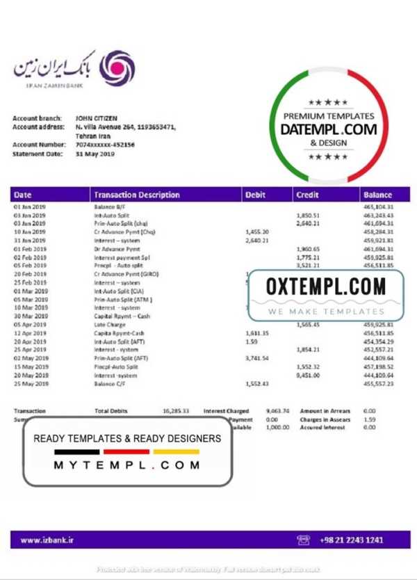 editable template, Iran Zamin Bank statement template in Word and PDF format