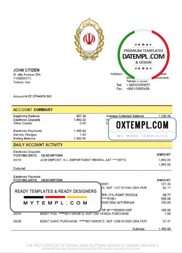 editable template, Iran Melli Bank statement template in Word and PDF format, good for address prove