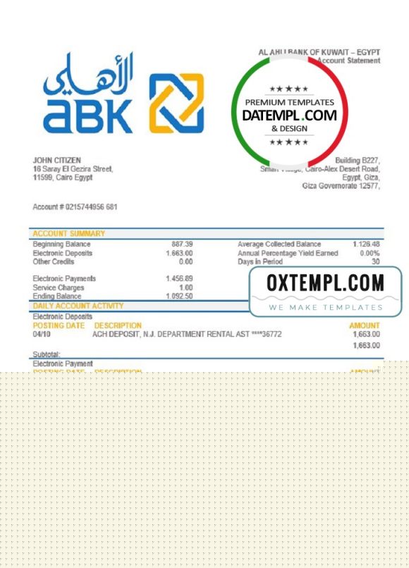 editable template, Egypt Al Ahli Bank of Kuwait bank statement easy to fill template in Word and PDF format