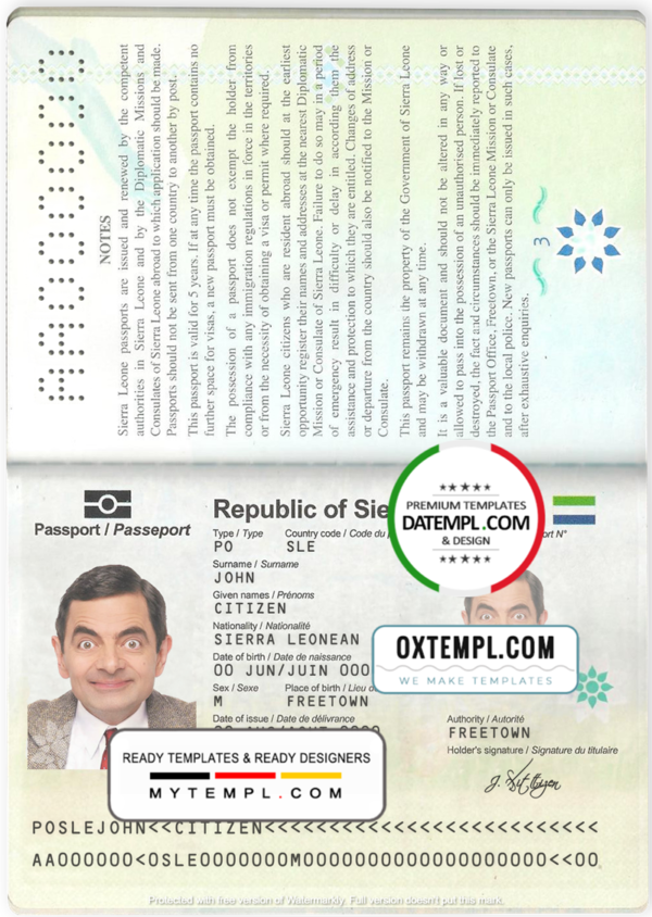editable template, Sierra Leone passport template in PSD format, fully editable