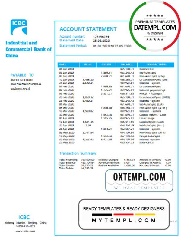 editable template, China Industrial and Commercial Bank of China bank statement template in Word and PDF format