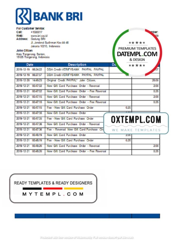 editable template, Indonesia Bank Rakyat Indonesia (BRI) easy to fill bank statement in Word and PDF (.doc and .pdf) format