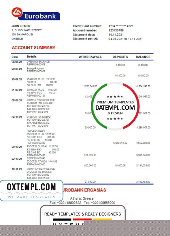 editable template, Greece Eurobank Ergasias bank statement easy to fill template in Excel and PDF format