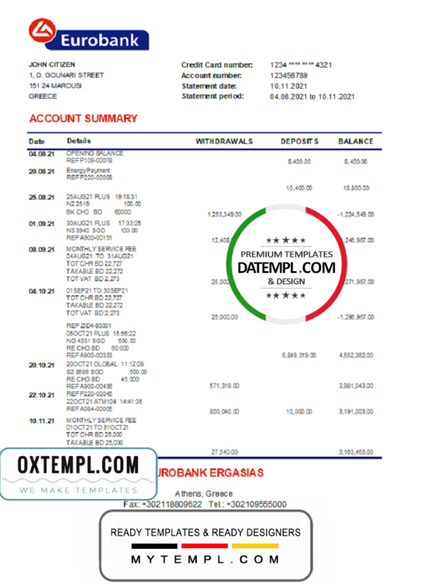 editable template, Greece Eurobank Ergasias bank statement easy to fill template in Excel and PDF format