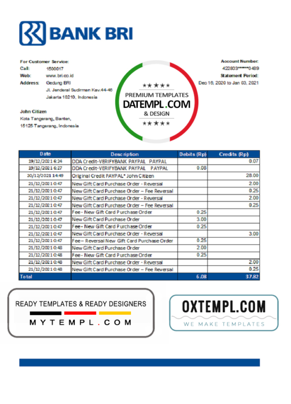 editable template, Indonesia Bank Rakyat Indonesia (BRI) bank statement easy to fill template in .xls and .pdf file format