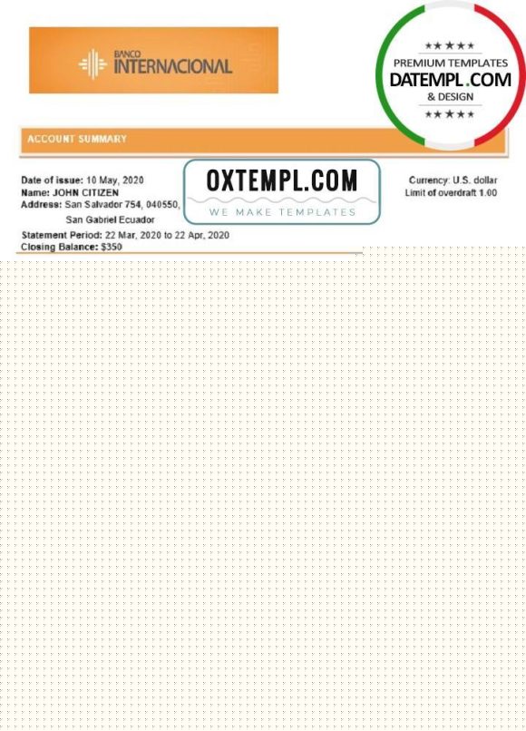 editable template, Ecuador Banco Internacional bank statement template in Word and PDF format