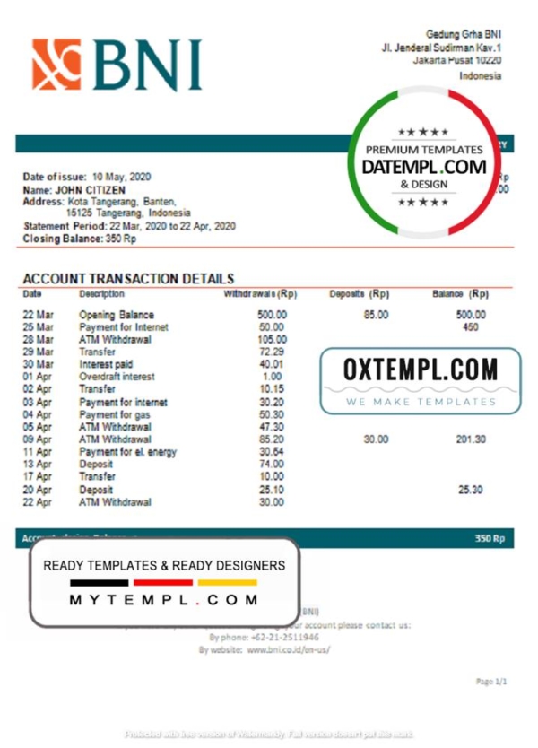 editable template, Indonesia Bank Negara Indonesia (BNI) proof of address bank statement in Word and PDF format