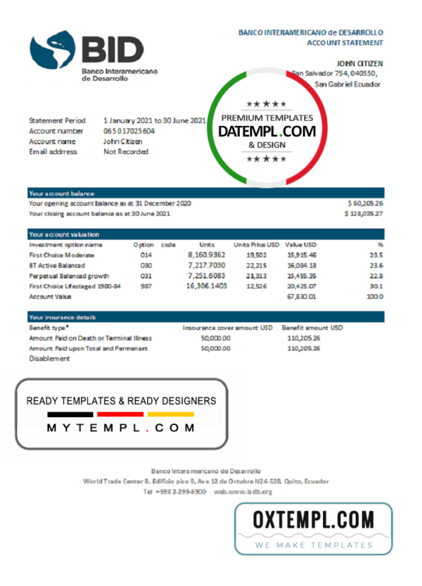 editable template, Ecuador Banco Interamericano de Desarrollo BID bank statement easy to fill template in .xls and .pdf file format