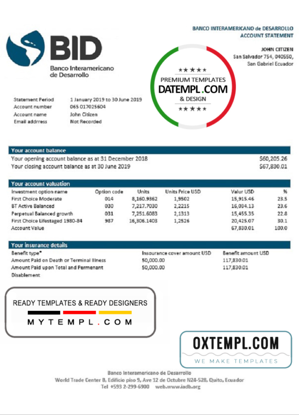 editable template, Ecuador Banco Interamericano de Desarrollo (BID) bank statement template in Word and PDF format, good for address prove