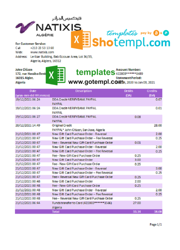editable template, Algeria Natixis Algerie bank statement template in Excel and PDF format