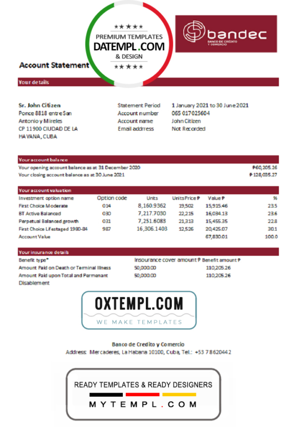 editable template, Cuba Bandec Banco de Credito y Comercio bank statement easy to fill template in .xls and .pdf file format