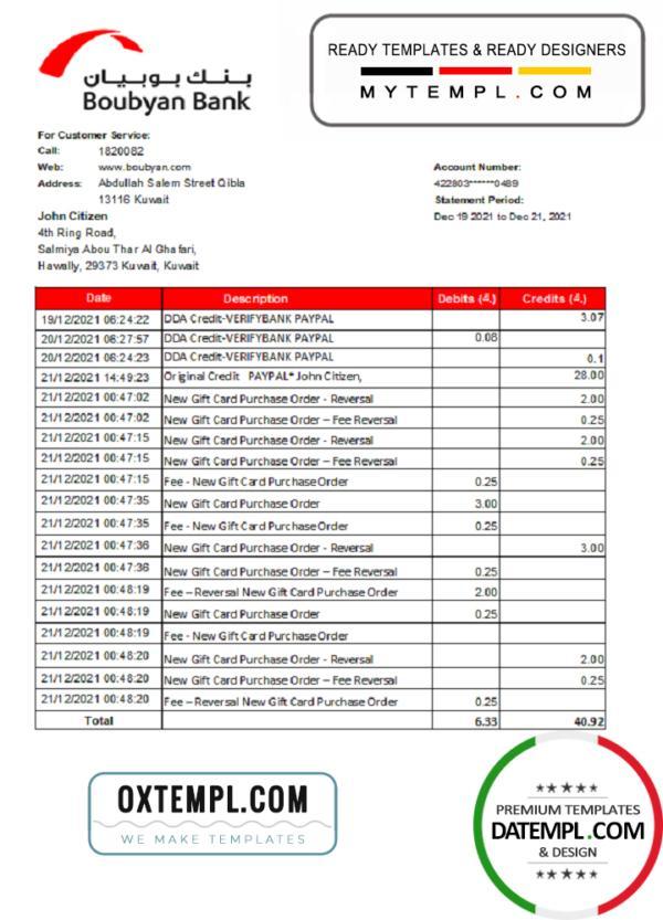 editable template, Kuwait Boubyan bank statement easy to fill template in .xls and .pdf file format