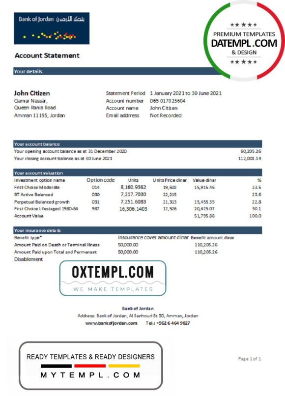 editable template, Jordan Bank of Jordan bank statement easy to fill template in .xls and .pdf file format