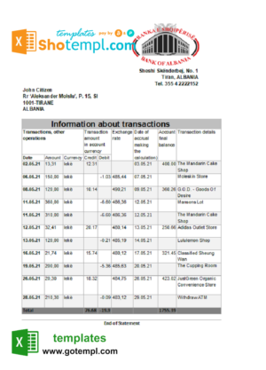 editable template, Albania Bank of Albania bank statement template in Excel an PDF format
