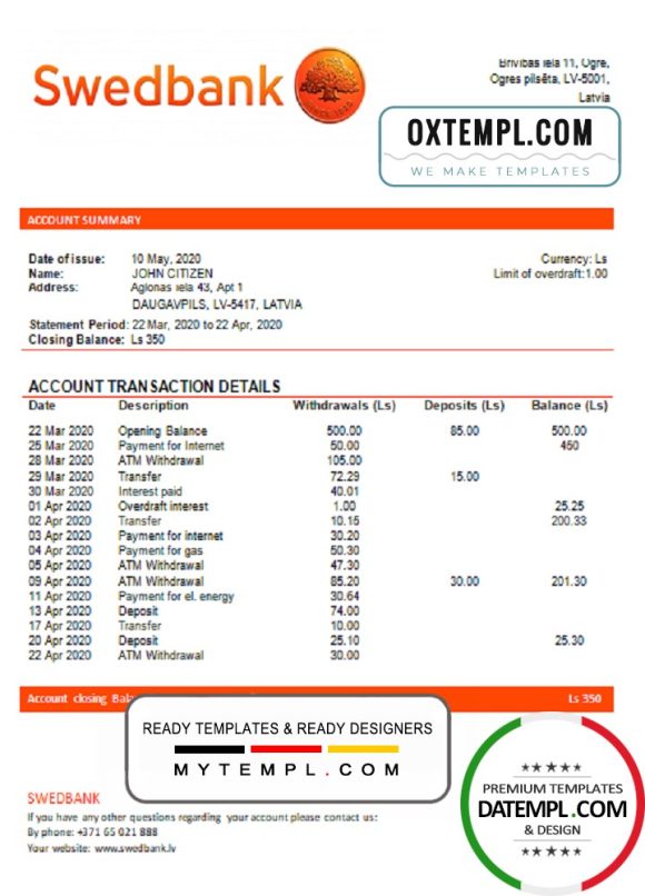 editable template, Latvia Swedbank bank statement template, Word and PDF format (.doc and .pdf)