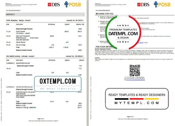 editable template, Singapore DBS bank proof of address statement template in Word and PDF format, 4 pages