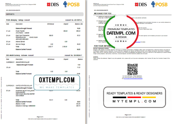 editable template, Singapore DBS bank proof of address statement template in Word and PDF format, 4 pages