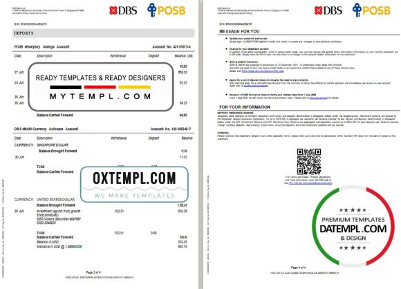 editable template, Singapore DBS bank proof of address statement template in Excel and PDF format, 4 pages