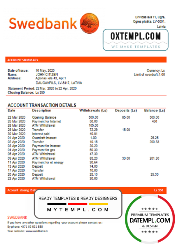 editable template, Latvia Swedbank bank statement template, Word and PDF format (.doc and .pdf)