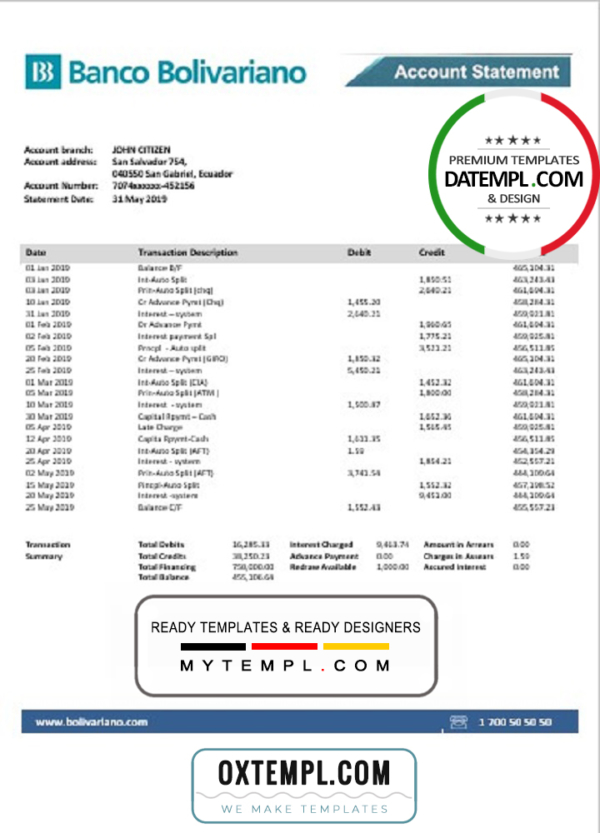 editable template, Ecuador Banco Bolivariano proof of address bank statement template in Word and PDF format