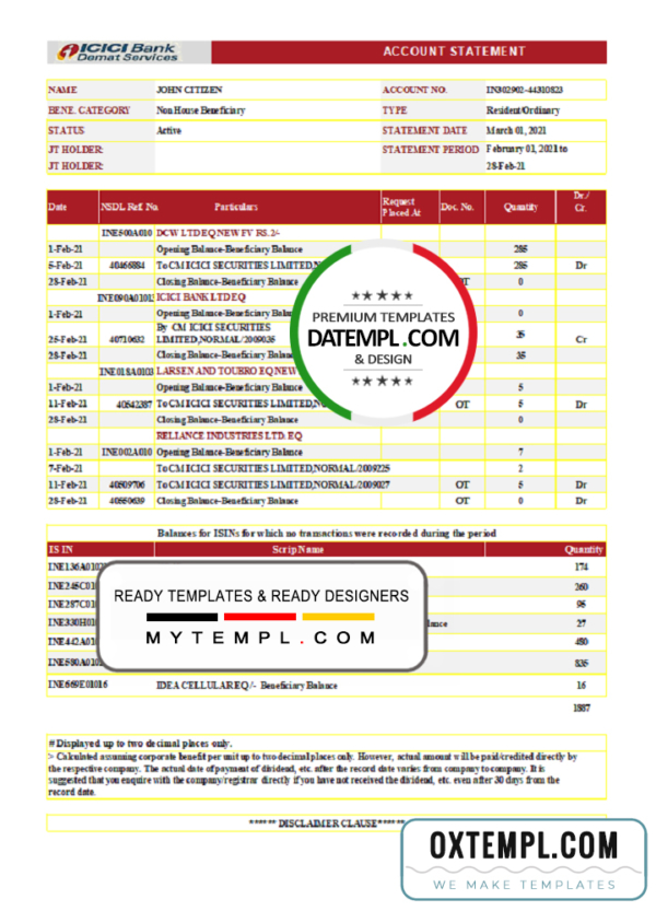 editable template, India ICICI Bank statement template in .xls and .pdf file format