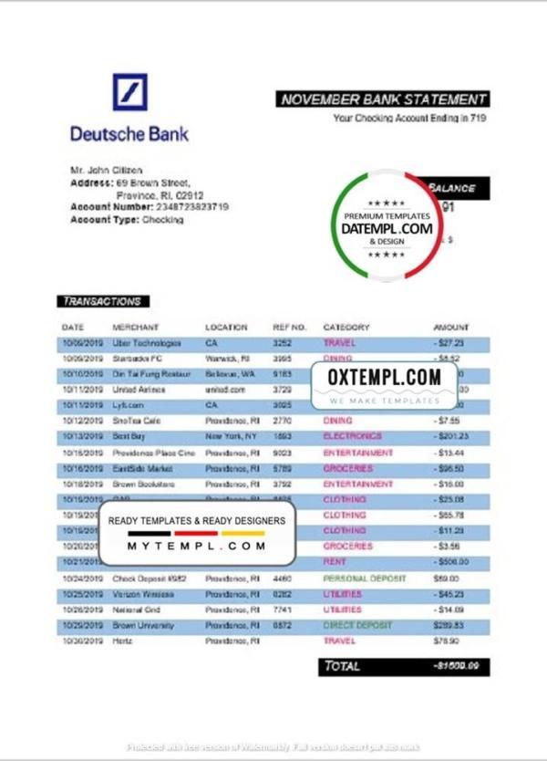 editable template, Germany Deutsche bank proof of address statement template in Word and PDF format