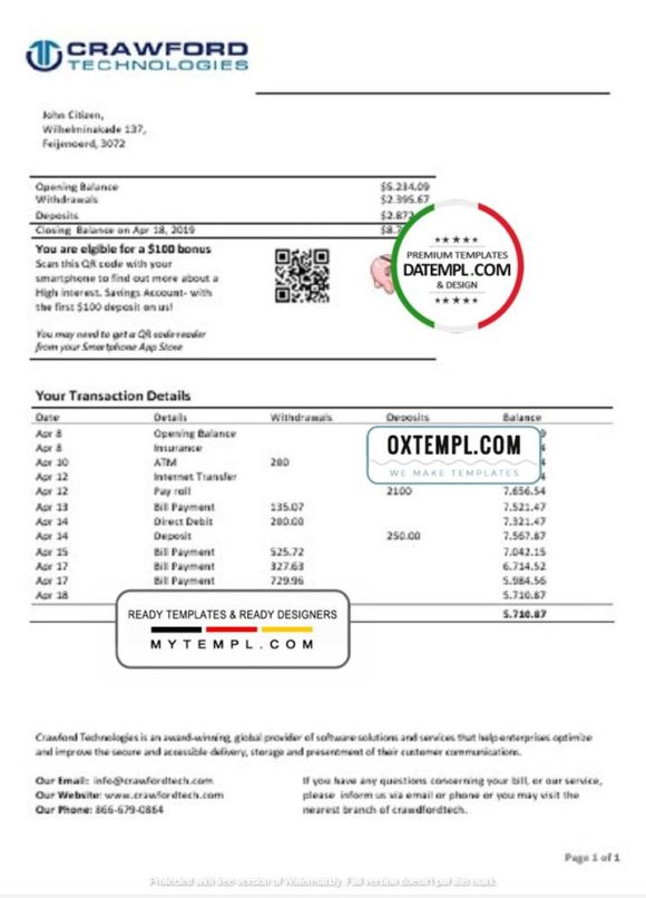 editable template, Netherlands (Holland) Crawford Technologies bank statement template in Word and PDF format
