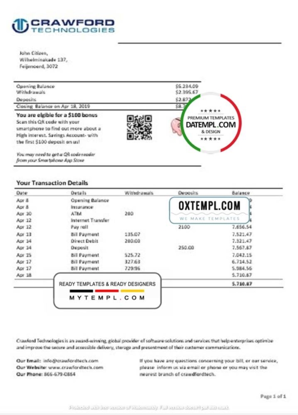 editable template, Netherlands (Holland) Crawford Technologies bank statement template in Word and PDF format