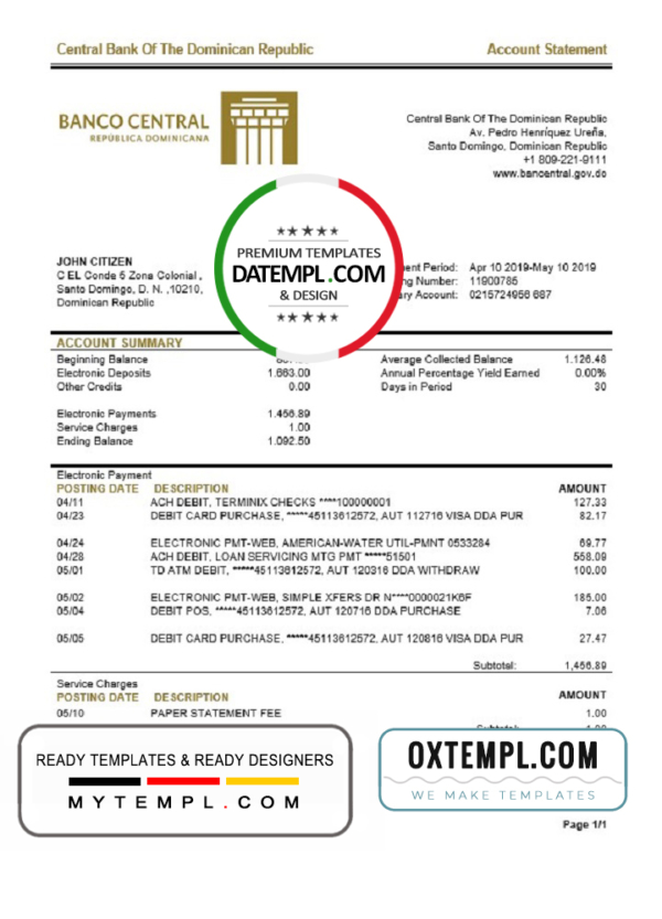 editable template, Dominican Republic Central Bank of The Dominican Republic proof of address bank statement template in Word and PDF format