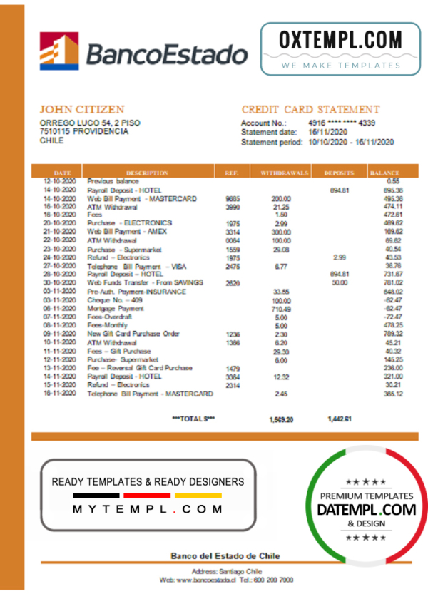 editable template, Chile Banco del Estado de Chile bank statement template in Word and PDF format
