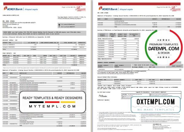 editable template, India ICICI Bank statement template in Excel and PDF format (2 pages)