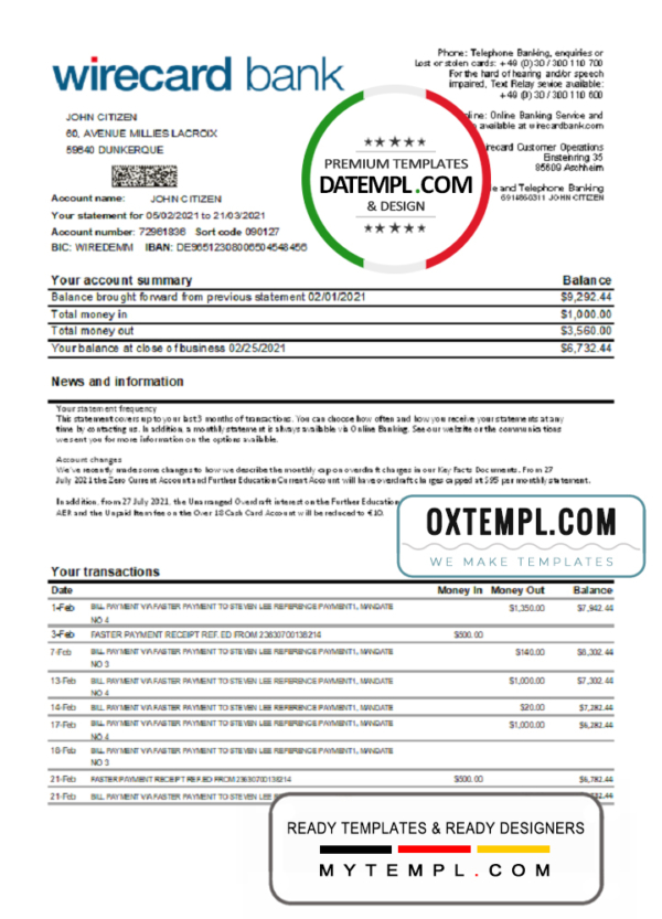 editable template, Germany Aschheim Wirecard bank statement easy to fill template in Excel and PDF format