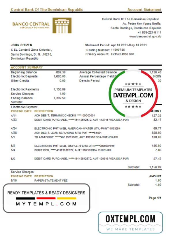 editable template, Dominican Republic Central Bank Of The Dominican Republic bank statement easy to fill template in Excel and PDF format