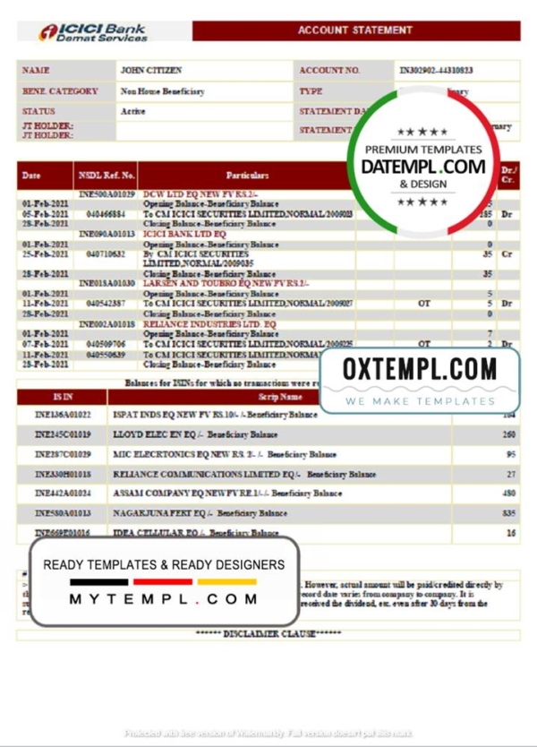 editable template, India ICICI Bank statement template in .doc and .pdf format