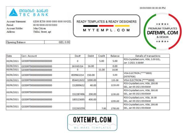 editable template, Georgia TBC Bank statement easy to fill template in Excel and PDF format