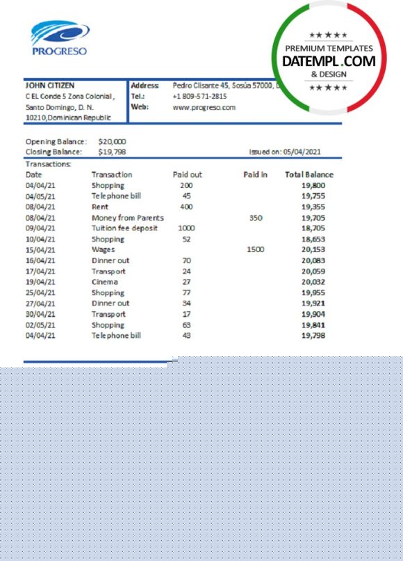 editable template, Dominican Republic Progreso bank statement template, Excel and PDF format (.xls and .pdf)