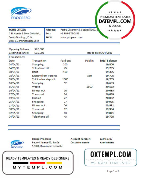 editable template, Dominican Republic Progreso bank statement template, Excel and PDF format (.xls and .pdf)