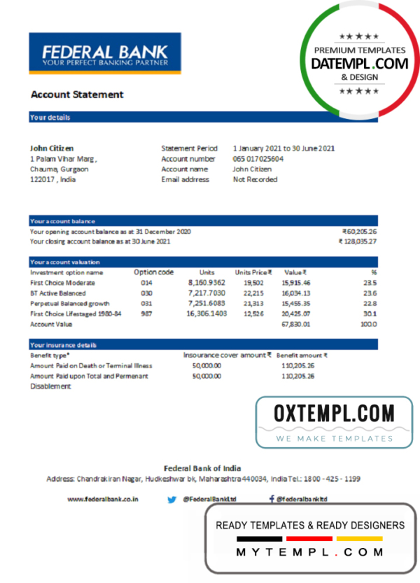 editable template, India Federal Bank statement easy to fill template in .xls and .pdf file format