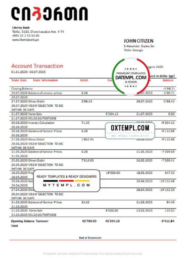 editable template, Georgia Liberty Bank proof of address statement template in Word and PDF format, fully editable
