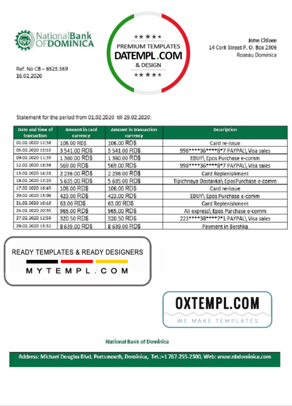 editable template, Dominica National Bank of Dominica bank statement template in Word and PDF format